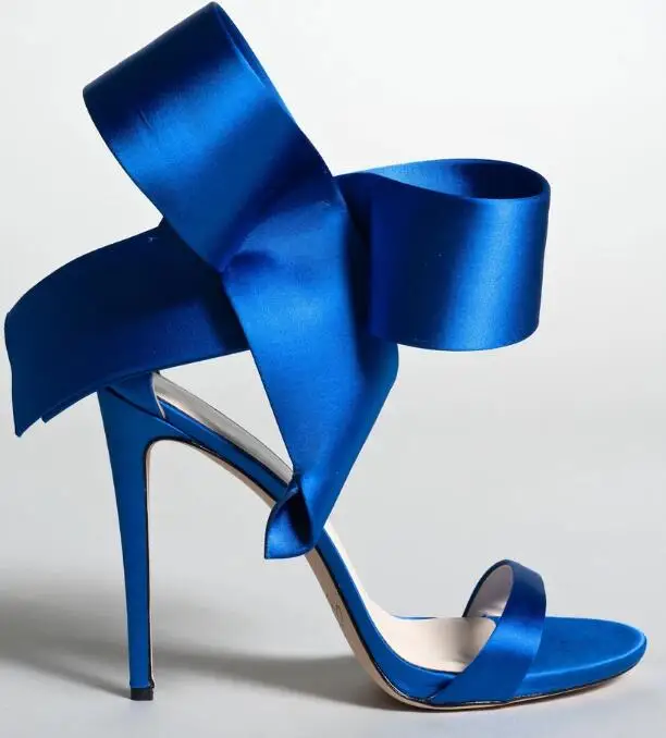 

Moraima Snc Fashion Blue Satin High Heel Shoes Sexy Open Toe Big Butterfly-knot Ankle Strap Gladiator Sandal Woman Dress Shoes