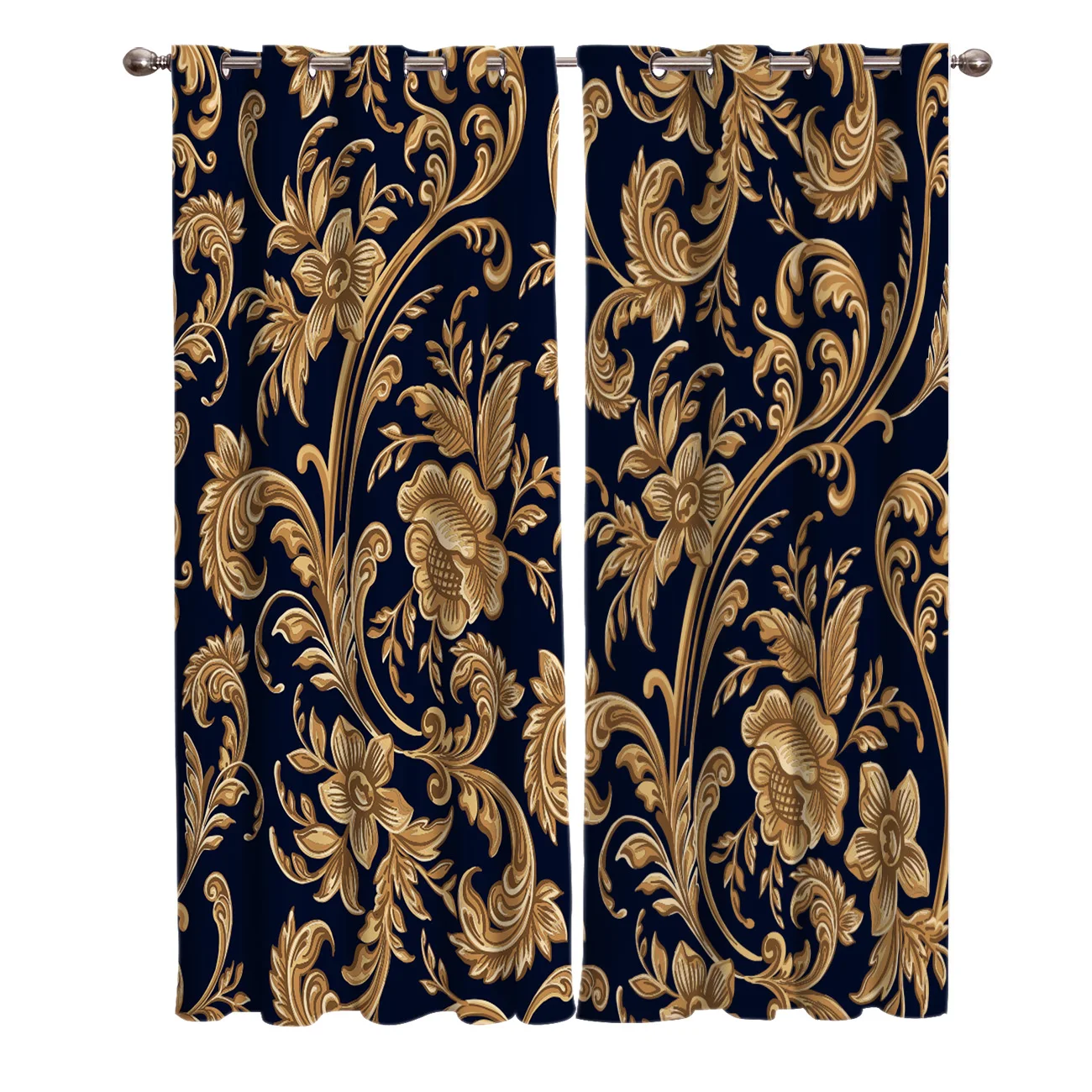 Великолепные оконные занавески в стиле барокко с золотыми цветами и листьями