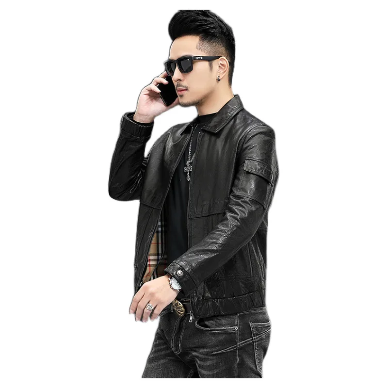 

Autumn new leather coat men's Haining sheep skin Lapel urban casual leather jacket jacket handsome youth trend