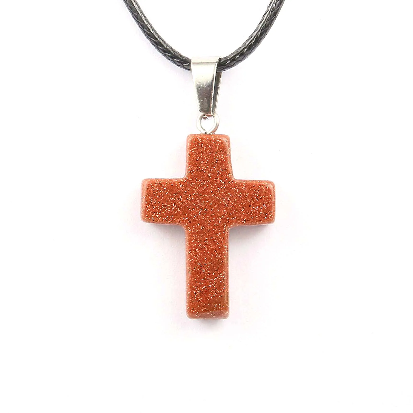 

Natural Semi-precious Stone Pendant Necklace Charms Men Women Cross Necklaces Leather Cord Korean Round Waxed Cord Jewelry