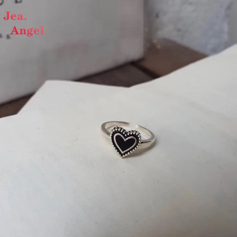 

Jea.Angel 925 Silver Retro Design Black LOVE Heart-Shape Ring For Woman Trendy Classic Personality Jewelry Accessories Gifts