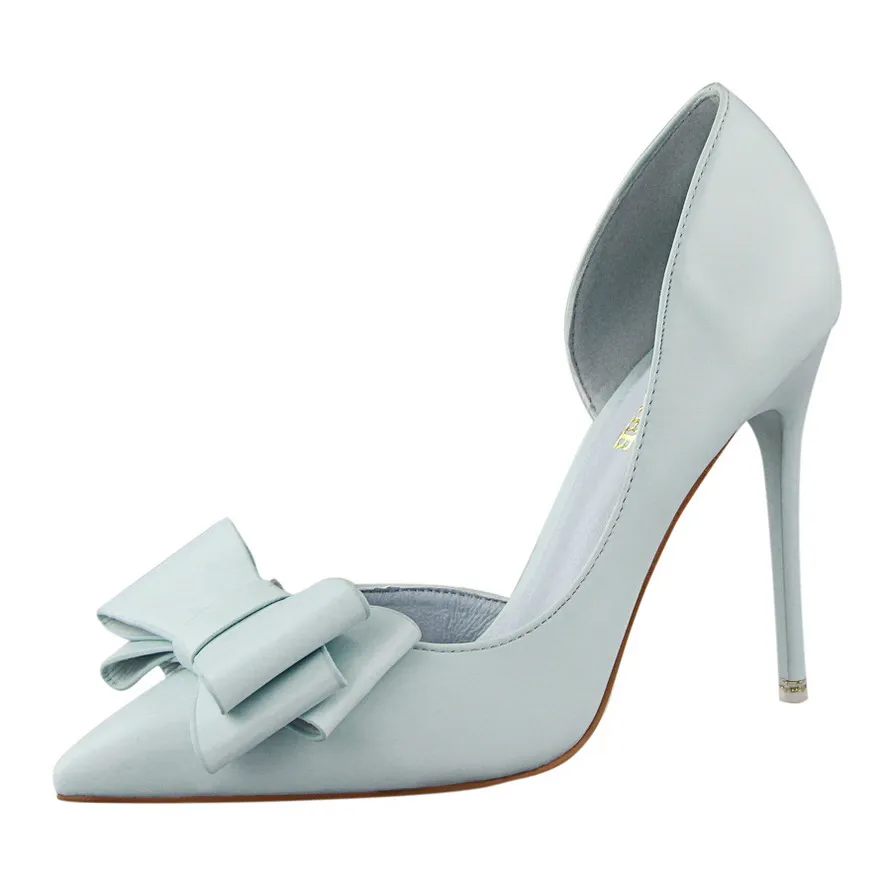 

Fashion Delicate Sweet Bowknot High Heel Shoes Side Hollow Pointed Women Pumps Pointed Toe 10.5CM thin Dress Shoes