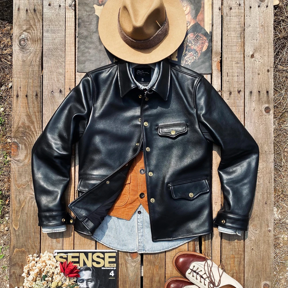 

Классическая Повседневная мужская куртка из натуральной кожи в японском стиле скобы, качественная итальянская Рабочая кожаная ткань