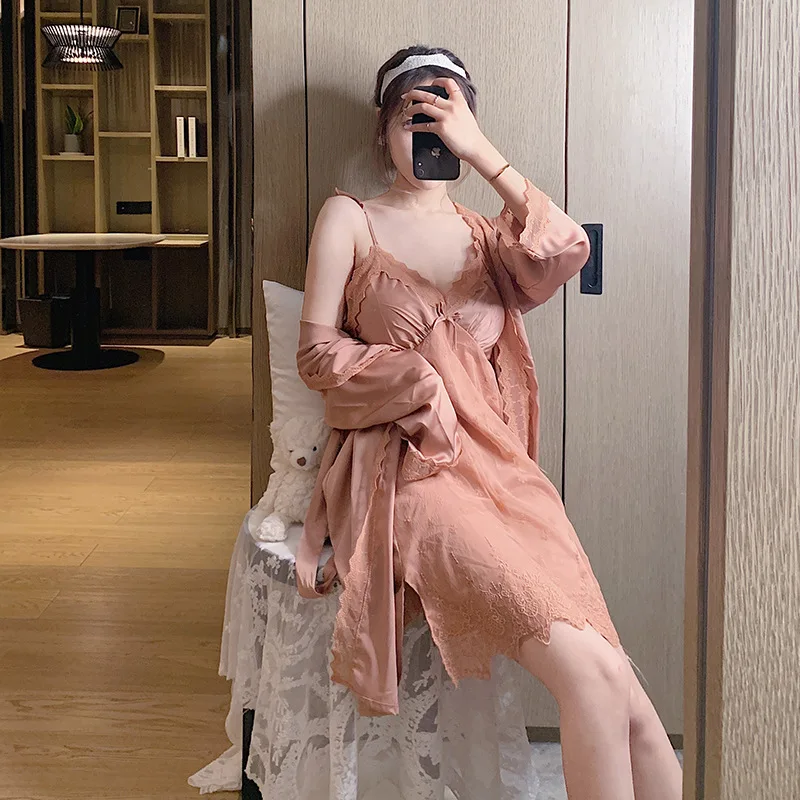 Женское 2 шт. халат комплекты сексуальный костюм топ с лямками как ночной