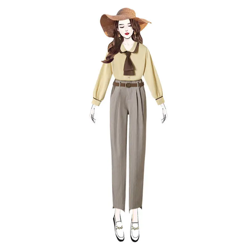 

2021 Spring Autumn 2 Piece Set Women Casual Pants and Long Sleeve Shirt Crop Top Formal Office Lady Outfits for Female D111