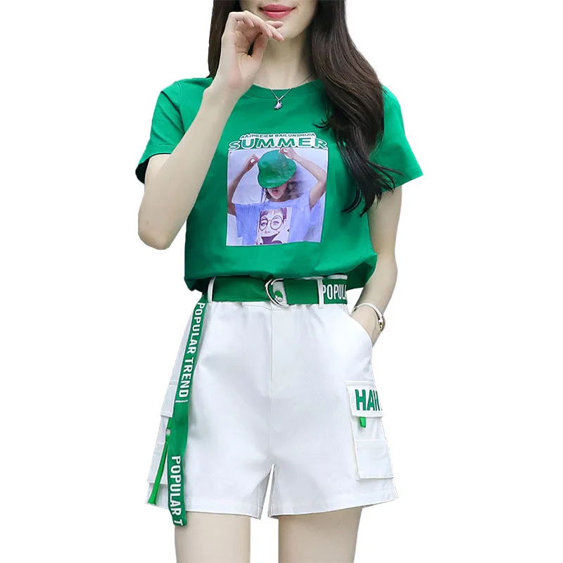 

Women Summer Short Sleeve T-shirt+Loose Fashion Casual Short Pant 2 Pieces Sets Ladies Clothes office Two Pieces Suits Female