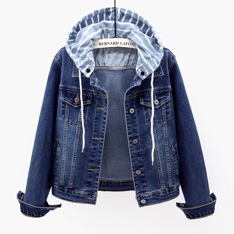

2021 Spring New Removable Hooded Denim Jacket Women Elasticity Slim Short Outerwear Vintage Wash Blue Jeans Jacket Coat Female