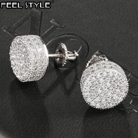 hip hop 1pair micro full paved rhinestone round zircon cz stone bling iced out stud earring copper earrings for men jewelry