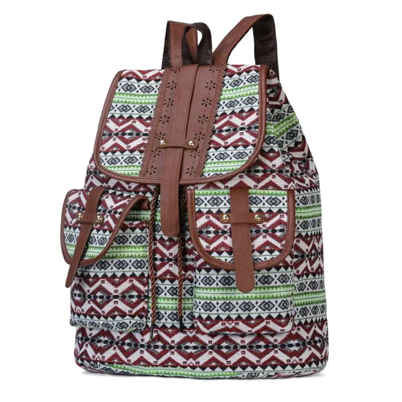 

Vintage Print Canvas Ethnic Backpack for Women Girls School Drawstring Bohemia Travel Rucksack