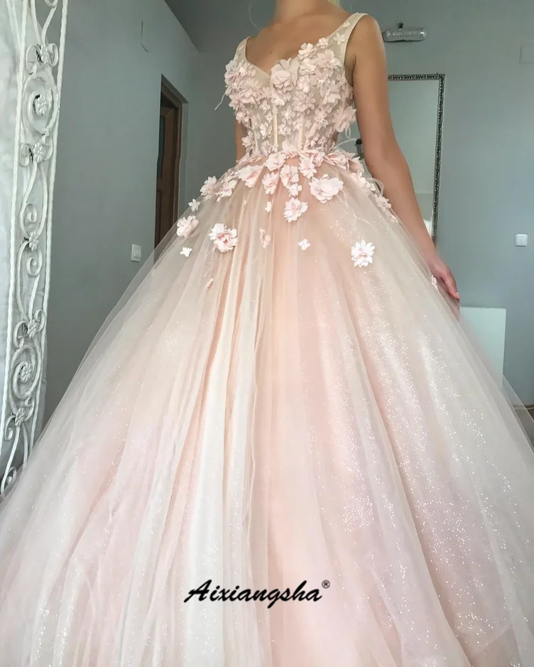 

Custom Made Wedding Dresses Applique Ball Gown Handmade Flowers Illusion Dubai Arabic Wedding Gown Bridal Dress Vestido De Noiva
