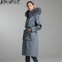 ayunsue winter clothes women fur coat 2020 natural fox fur collar hooded rex rabbit fur coat female warm long woman parkas 9118