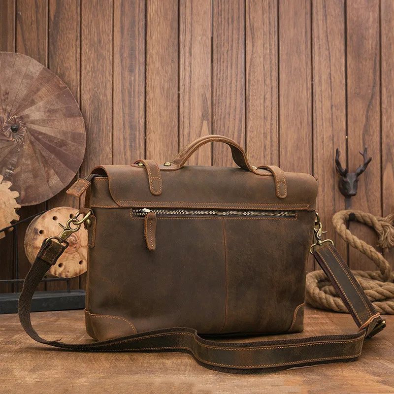 Retro simple designer natural crazy horse cowhide men's briefcase business luxury genuine leather work laptop messenger bag