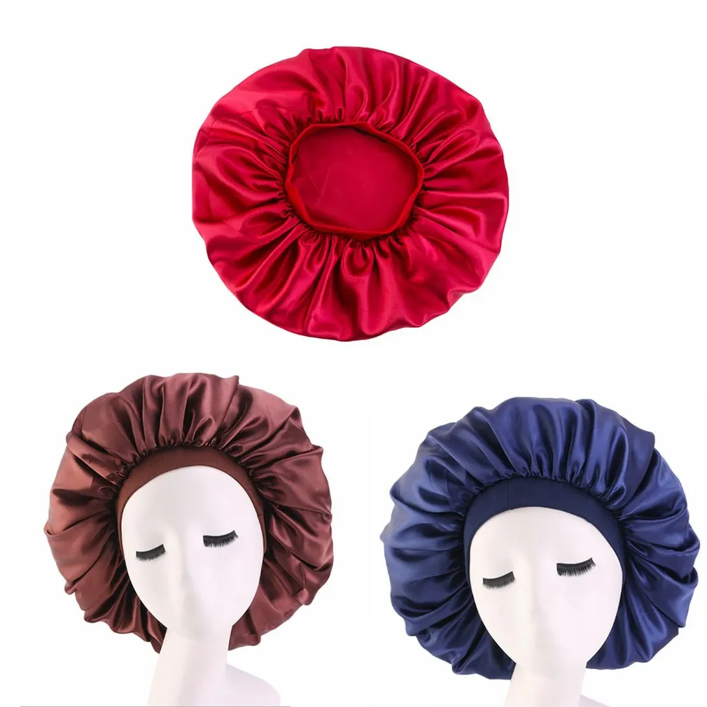 

Fashion Lady Sleep Hat Oversized Satin Nightcap Anti-hair Loss Cap Hair Salon Perm Cap Solid Color Hair Care Cap