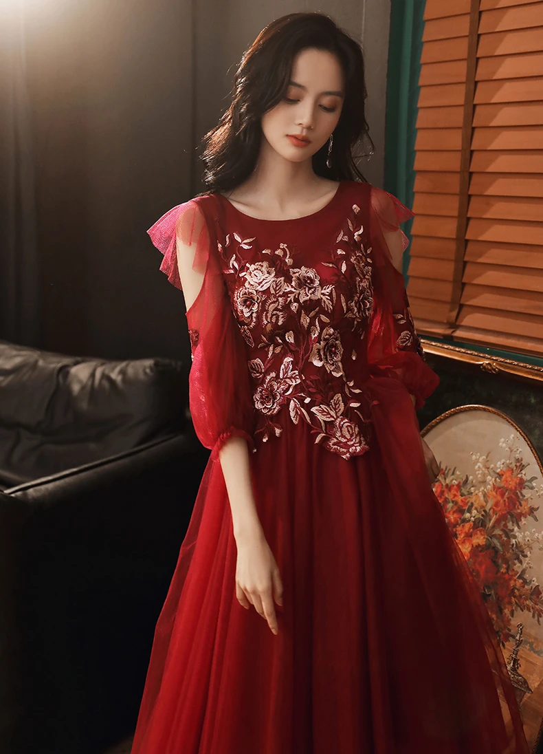 AnXin SH принцессы винно красного цвета с вышитыми цветами кружево Иллюзия вечернее