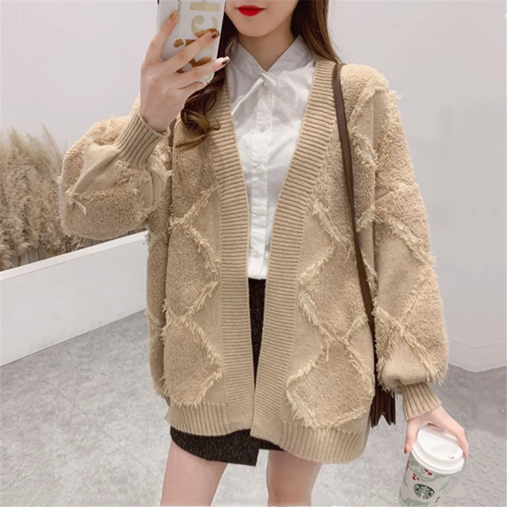 Свободный женский свитер кардиган на весну и осень милый толстый вязаный с