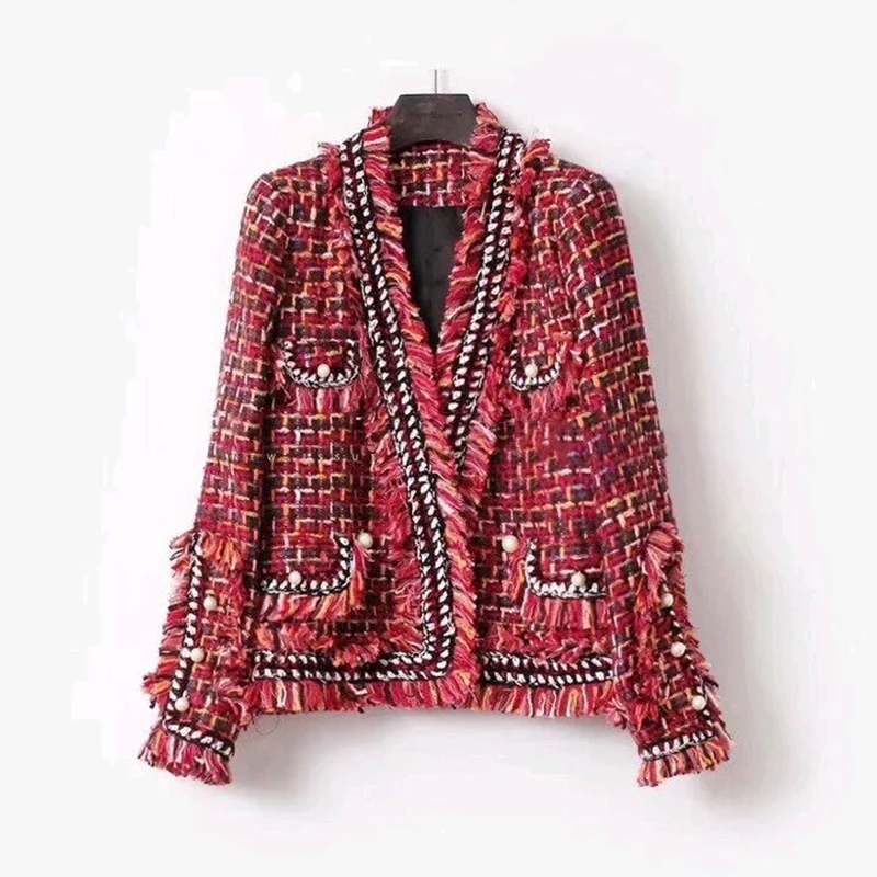 

Red tweed jacket Double-breasted border beaded Autumn/winter women's jacket coat new socialite Slim ladies coat