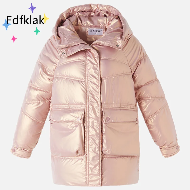

Белые блестящие пуховые хлопковые куртки Fdfklak на молнии, женская новая глянцевая куртка средней длины, корейское свободное Женское пальто, ...