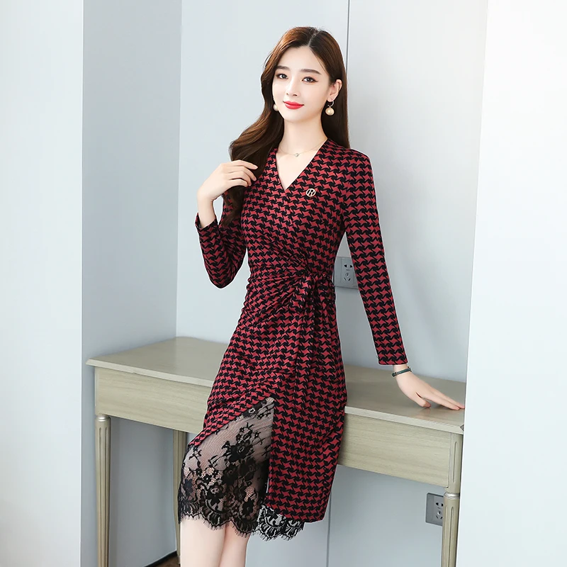 2024 винтажное клетчатое платье миди с рисунком гусиные лапки осенне-зимнее