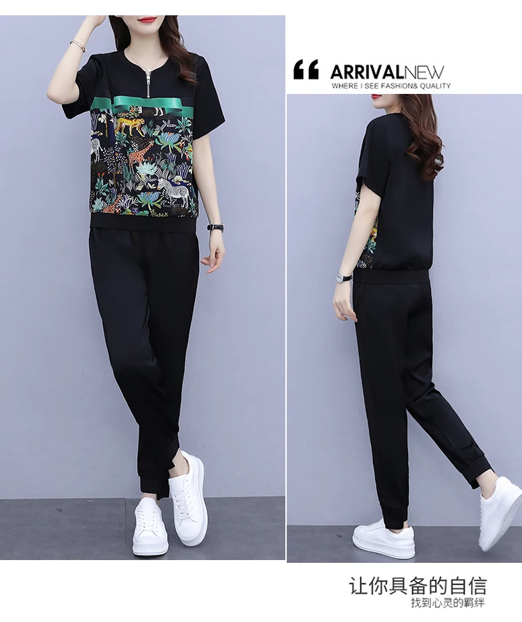 

2021 Summer Women Fashion Suits Plus Size Retro Print Patchwork Zippers O-neck Short Sleeve Top + Trousers Sports Two Piece Sets