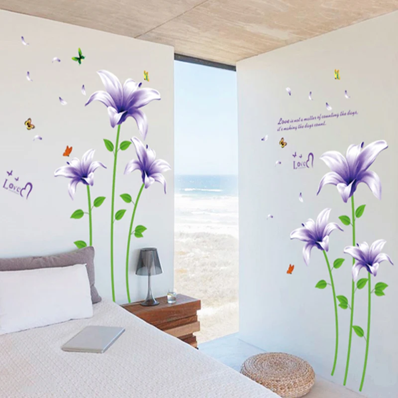 Романтические фиолетовые цветы лилии настенные стикеры сделай сам для гостиной
