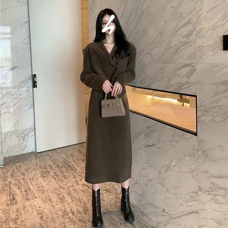 

Women's Elegant 2 Piece Woolen Sets Solid Notched Collar Double Breasted Short Suits Mid-Calf A-Line Skirt Autumn Winter