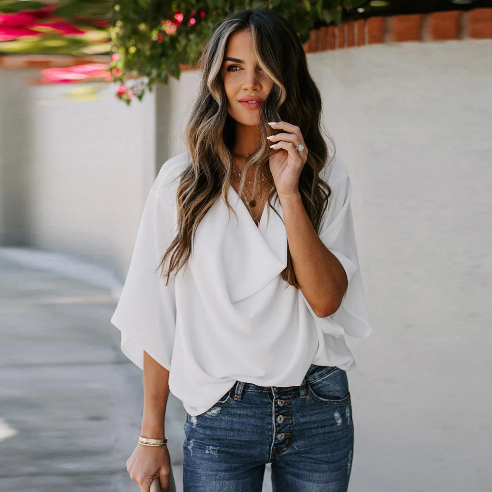 LOUIS JASON 2020 Summer Women's Shirts Tops Casual Tie Sleeve Wrap Loose V Neck Women chiffon shirt Blouses | Женская одежда