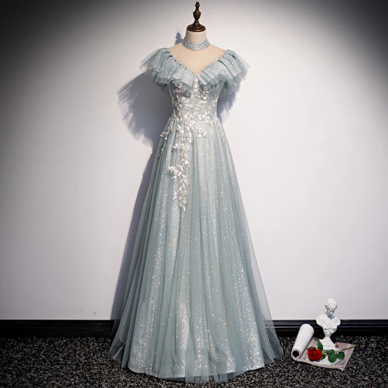 

Вечернее платье с высоким воротом платье А-образного силуэта, длина в пол, с оборками Цветочный принт бусины Украшенные элегантным размера ...