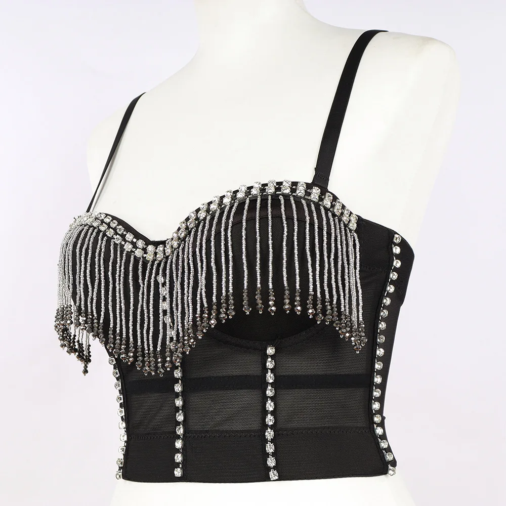 A1007 Dance Tassel Costume Nightclub Hot Girl Fishbone Catwalk Camisole Plain Body Bustier Corset Bra Crop Tops | Женская одежда