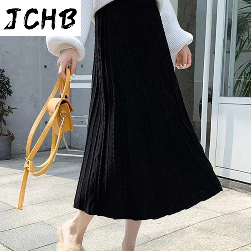 

2021 High Waist Skirt Womens Knitted Autumn Korean Street Solid Retro Skirts Ladies Black Saias Fashion Chic Faldas Femme