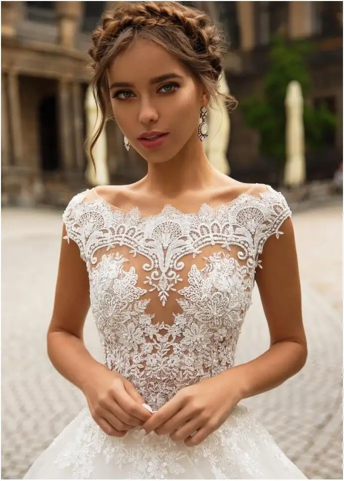 Гламурное свадебное платье трапециевидной формы Vestido de Noiva Robe de Mariee Trouwjurk из кружева, с вырезом на шее Аппликации Свадебные платья с глубоким вырезом на спине