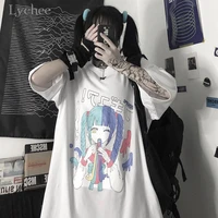 lychee harajuku womens tops japanese cartoon girl print casual t shirt korean dark anime fashion loose summer women t shirt