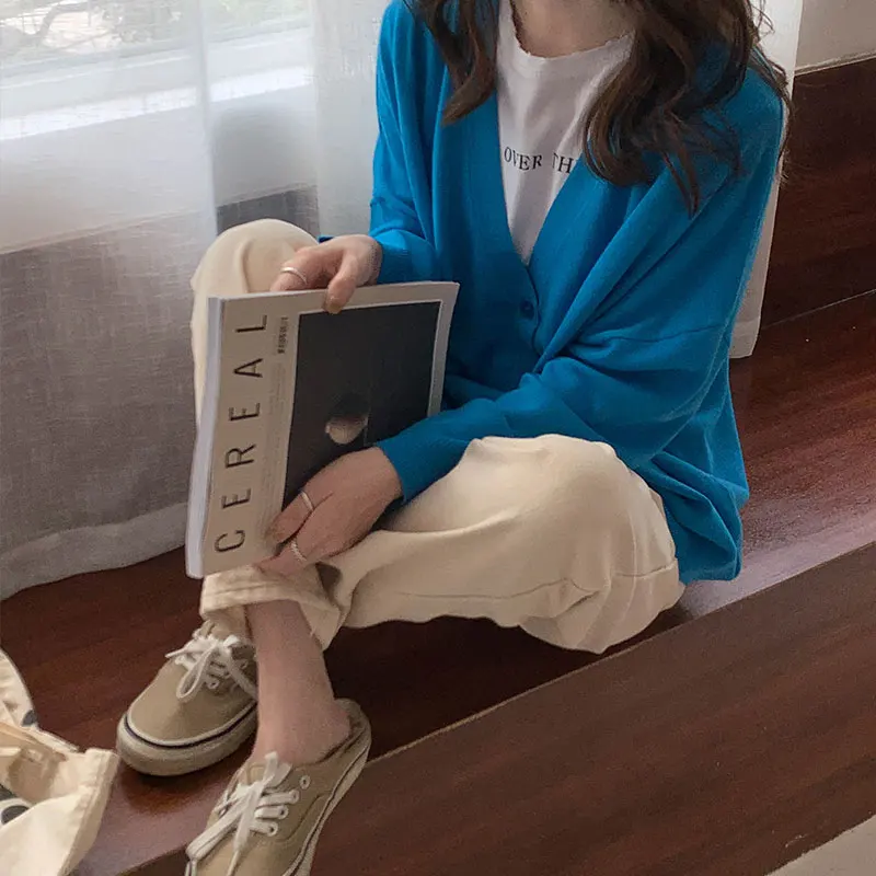 

8 colors 2020 autumn korean ins style solid color v neck thin cardigan womens loose knitted sweater cardigan feminino (X1531)