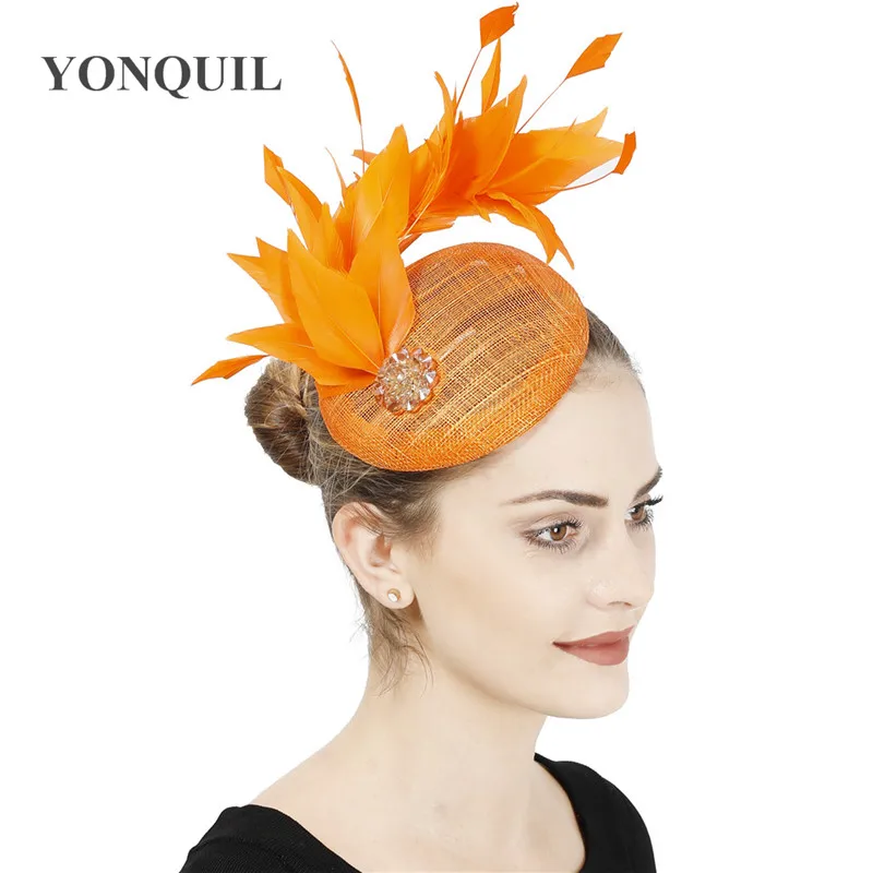 

4 Layer Orange Linen Fascinator Sinamay Wedding Mesh Feathers Millinery Hat Female Accessories Elegant Headpieces High Quality