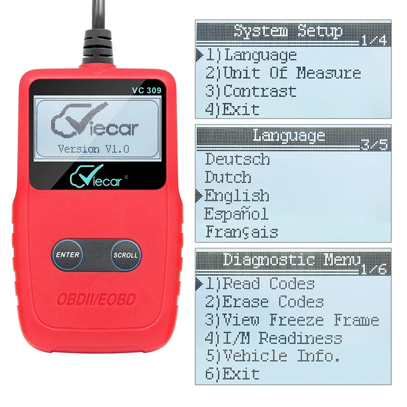 Viecar V309 OBDII EOBD Diagnostic Scanner VC 309 OBD OBD2 Diagnosis Tool Support For SAE J1850 Protocols |