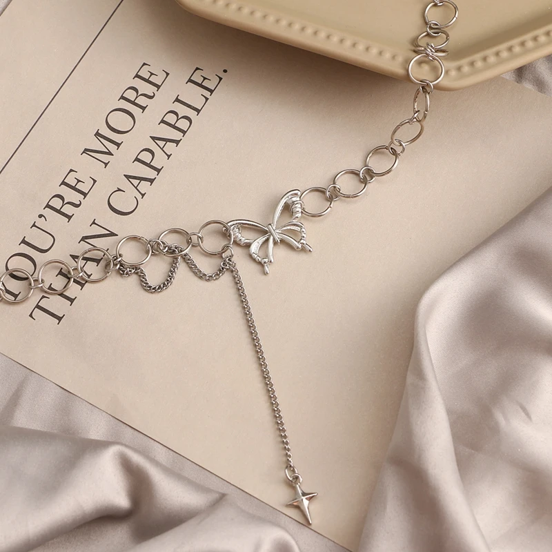 

Korean Butterfly Choker Chain Necklace For Women Girls Party Fashion Cute Silver Color Star Tassel Necklaces 2021 Jewelry