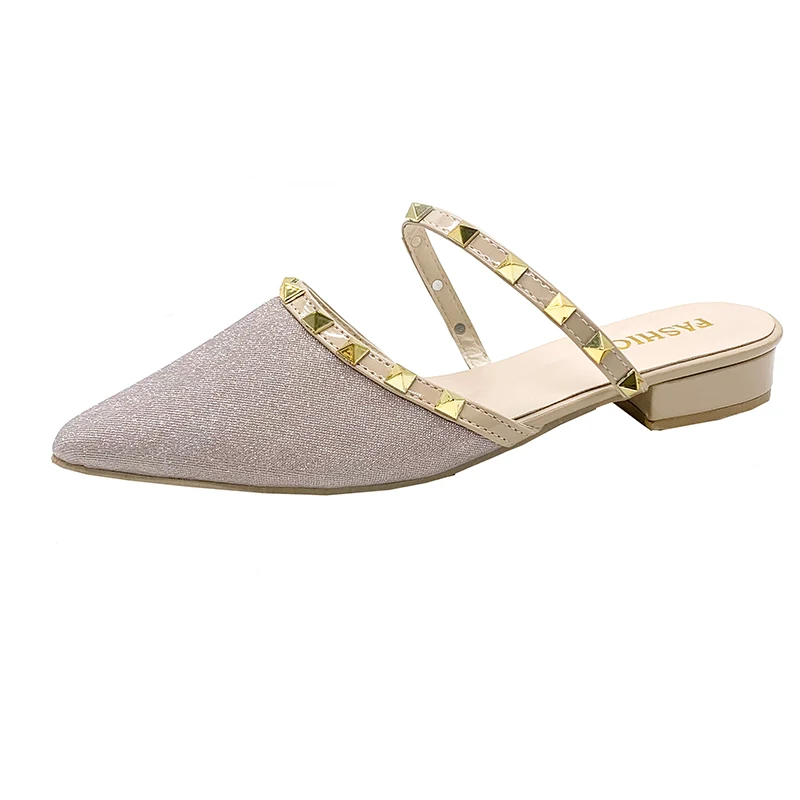 

Cover Toe Square heel Slippers Casual Low Shoes Woman 2021 Pantofle Rivet Block Luxury Pointed New Flat Rubber PU Scandals