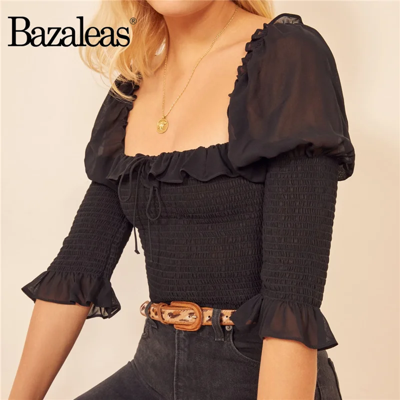Шикарная Женская модная эластичная черная блузка Bazaleas с полурасклешенными