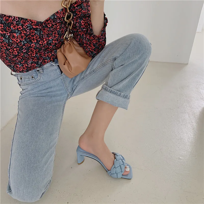 Summer Ladies Sandals And Slippers Braided Twist Word Thick Heel High Heels Open Toe Square Casual Women |