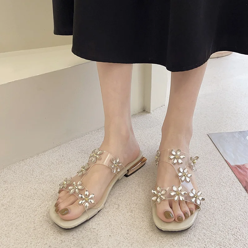 

Shoes Square Toe Woman's Slippers Flower Transparent Heel Slides Low 2021 Soft Summer PU Sweet Floral Hoof Female Shoes Transpar