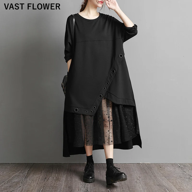 Black Patchwork Mesh Irregular Dresses For Women Long Sleeve Loose Casual Vintage Dress Fashion Elegant Clothing Spring 2022