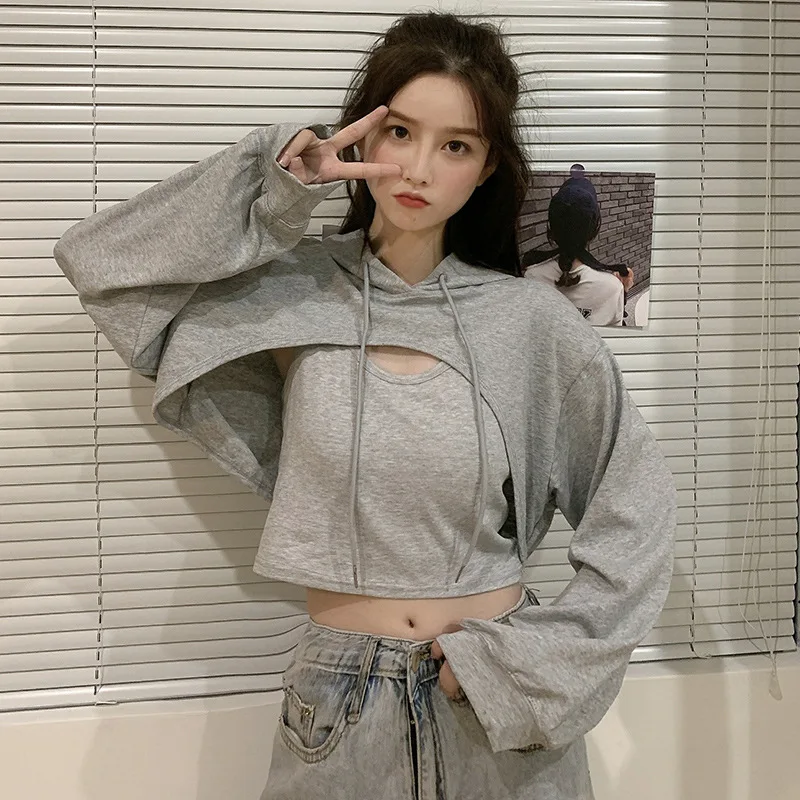 

2PCS Vest+Top Long Sleeve Grey Cropped Hoodie Women Autumn Winter Pullover Short Sweatshirt PlushCotton Sweatshirt