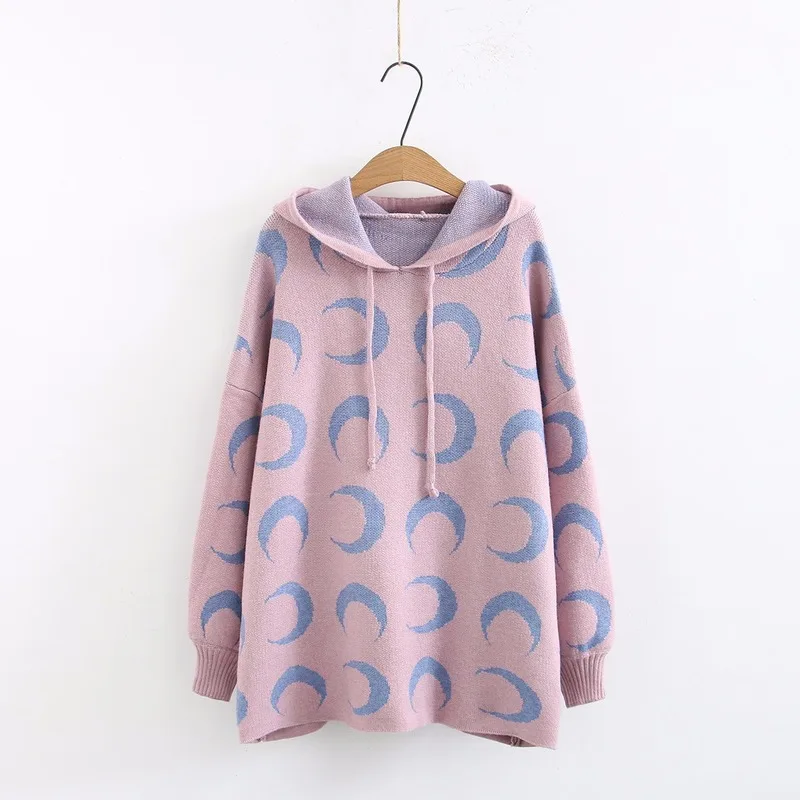 Женский свитер с капюшоном и принтом Луны повседневный трикотажный