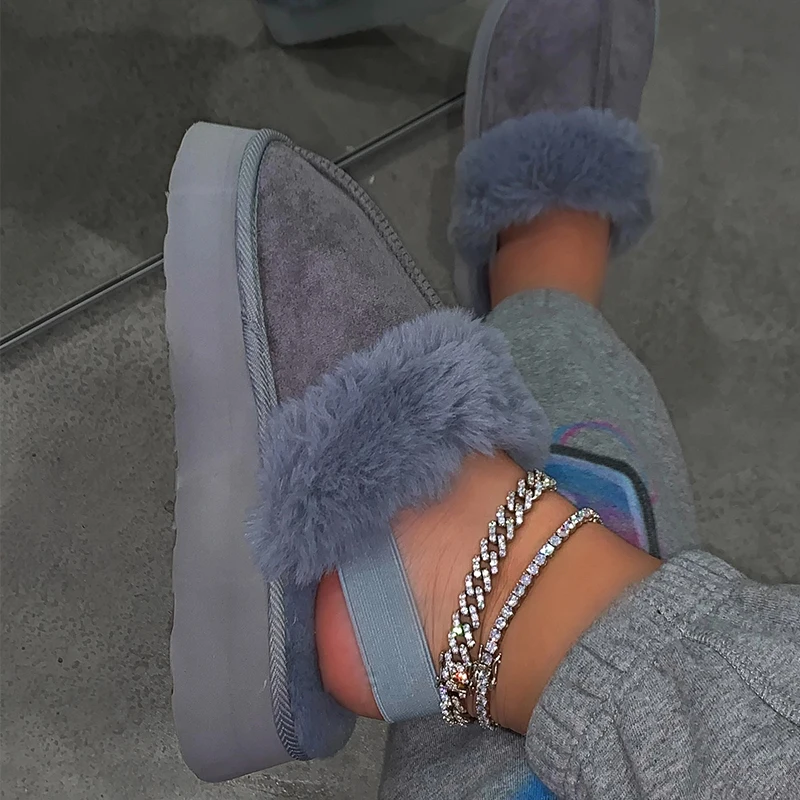 

2021 Winter Slippers Women Furry Slippers Fashion Fur Warm Shoes Women Slip on Platform Female Home Slides Black Plush Slippers