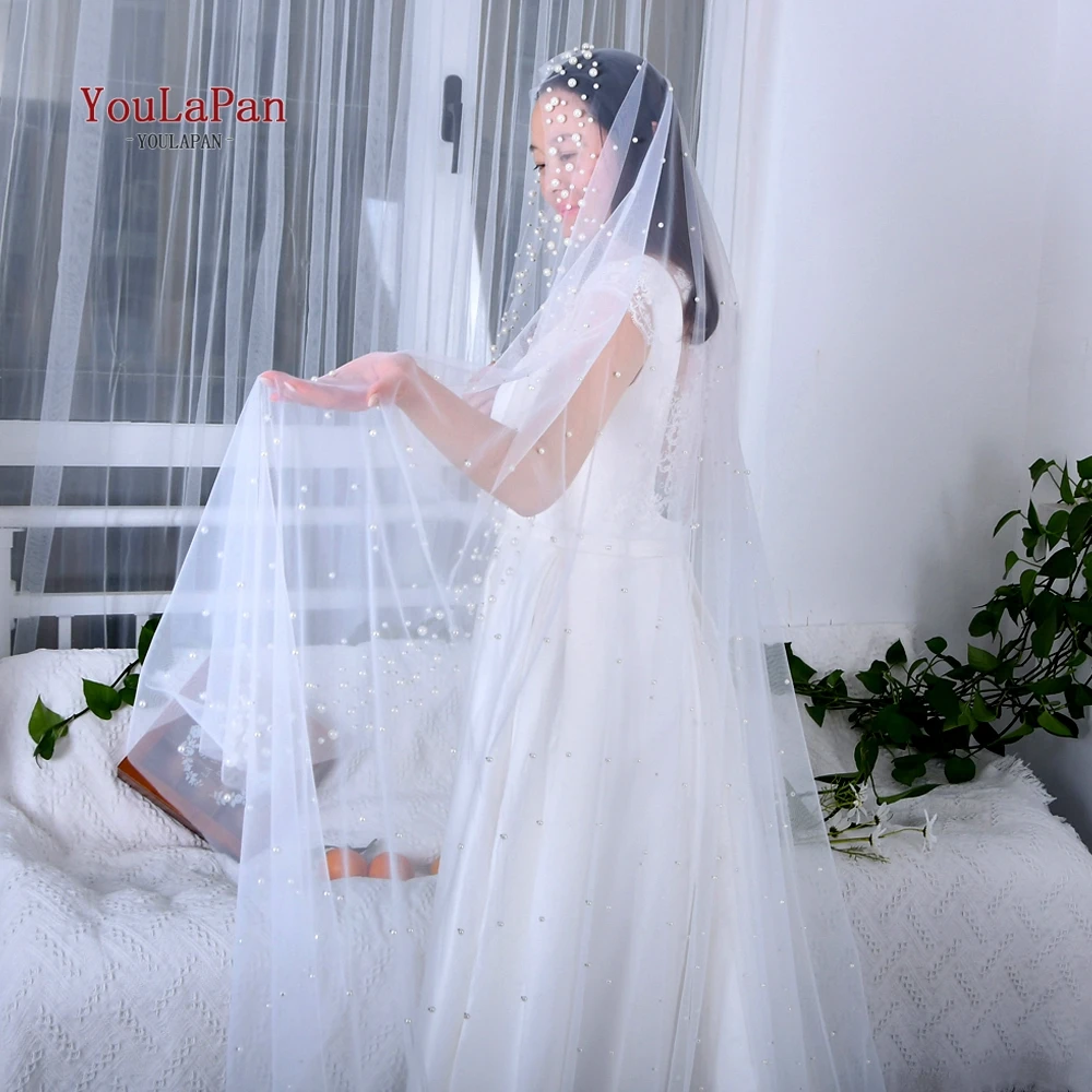 

YouLaPan V66 Full Pearl Beaded Wedding Veil fancy cathdral wedding veil plain long wedding veil wedding veil cape wed dress veil