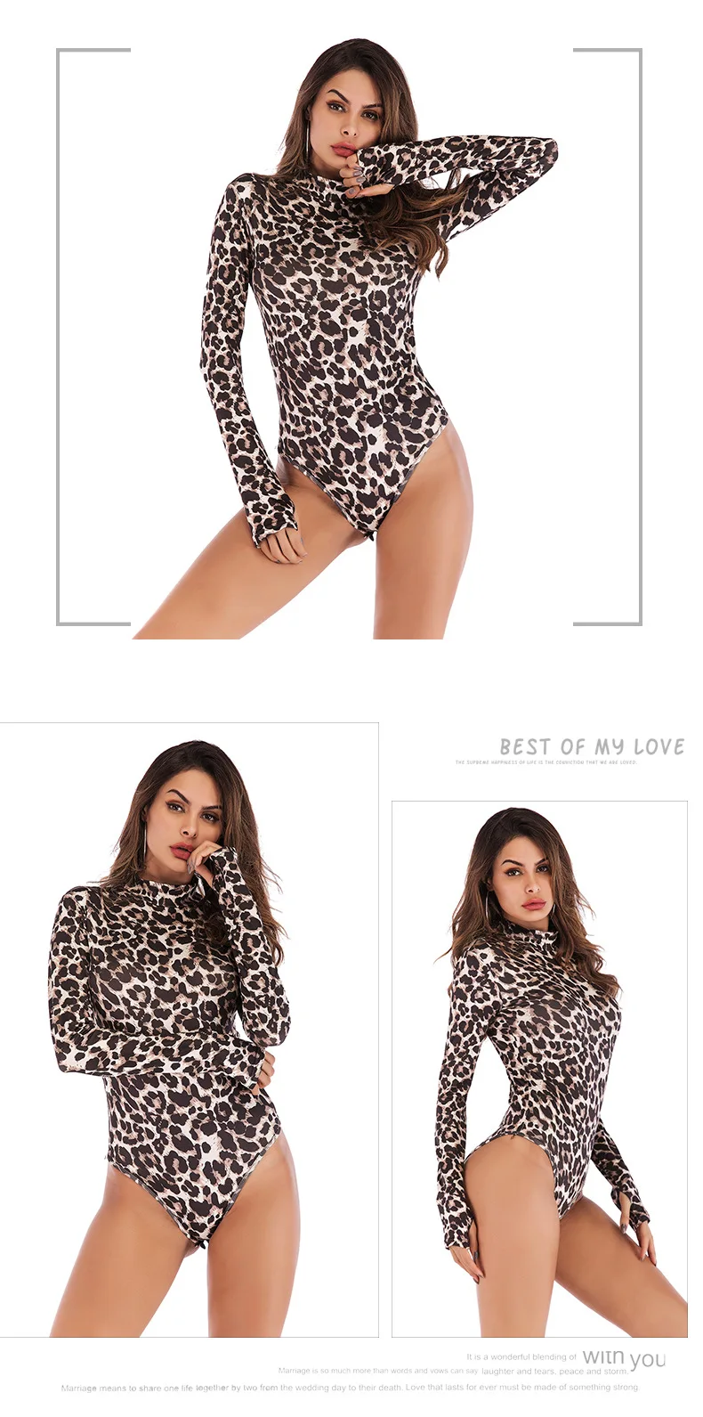 Women's Leopard Bodysuit Slim Long Sleeve Body Female Fit Semi-High Collar Skinny Streetwear Serpentine Print Jumpsuit Pullovers