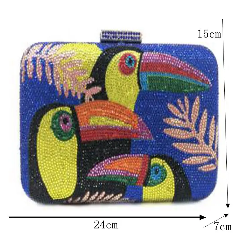 

2021 New Design Good Quality Colorful Wedding Brides Hand Bag Bird Pattern Full Crystal Candy Color Tote Diamond