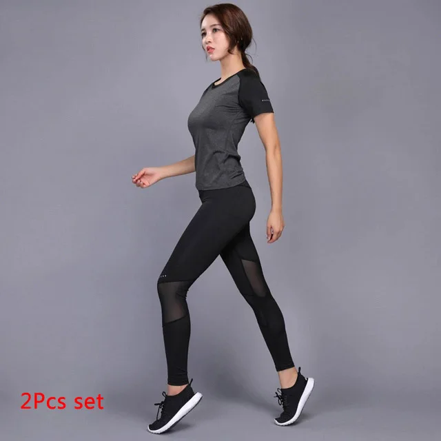 Black 2 Pcs Set Комплект для йоги OLOEY из 2 предметов, одежда для спортзала, фитнеса, теннисная рубашка+ штаны для бега, облегающие Леггинсы для йоги и тренировок, спортивная одежда для женщин - Цвет: Black 2 Pcs Set