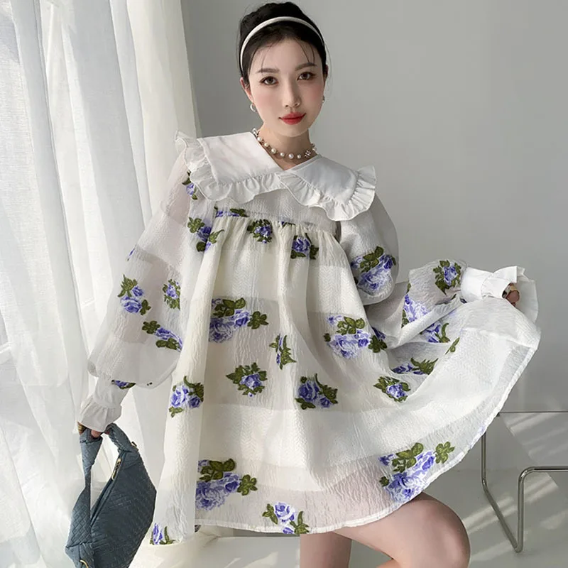 

Vintage Women Doll Collar Jacquard Flower Puff Sleeve Mini Dress Summer 2021 Elegant Loose Fashion White Short Dresses Vestidos