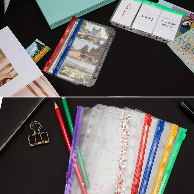 

30Pcs A6 Size 6 Holes Binder Pockets Plastic Colorful Binder Zipper Folders for 6-Ring Notebook Binder Loose Leaf Bags