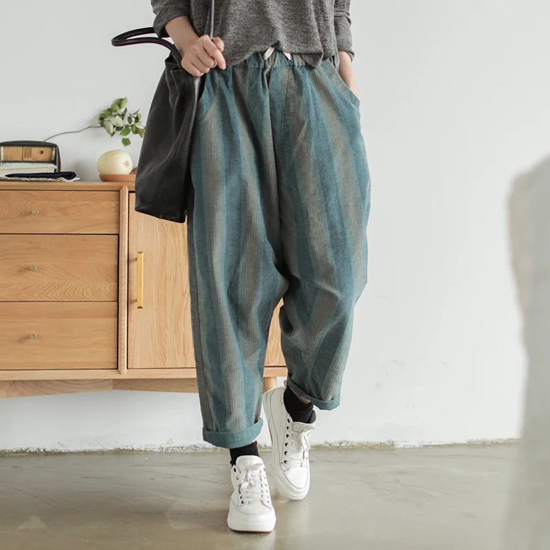 

Johnature Autumn Striped Corduroy Full Length Women Cross-pants 2021 New Casual Vintage Mid Elastic Waist All-match Women Pants